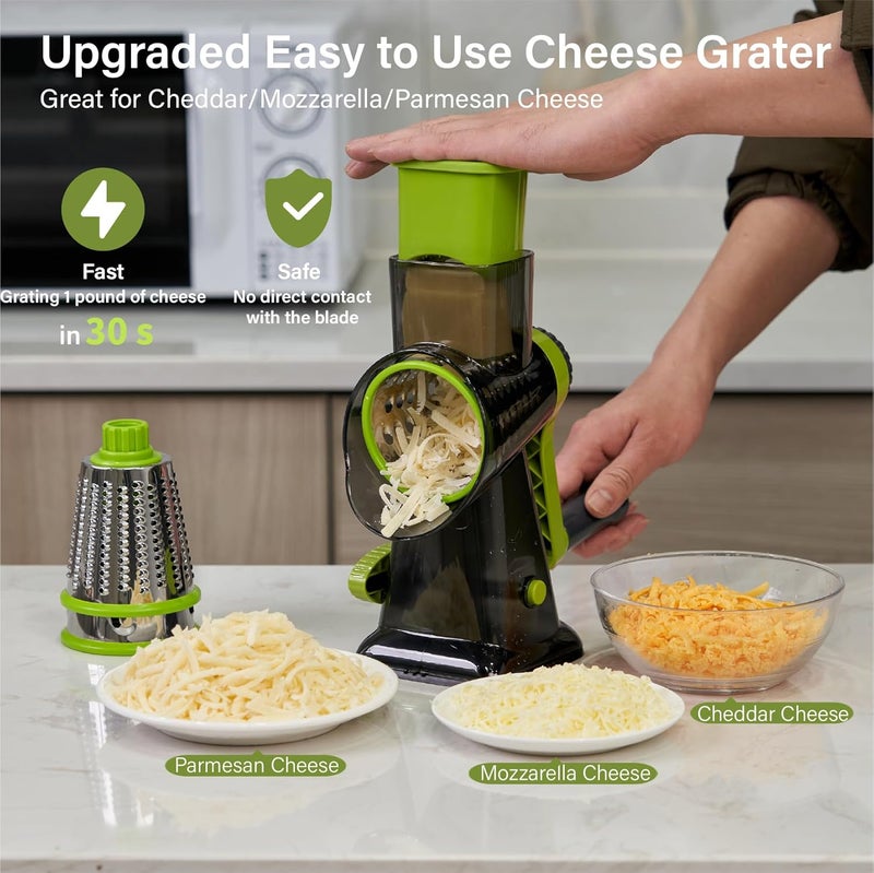 ALEXPHY Rotary Cheese Grater hand crank, 3 Blades Cheese shredder with Stronger Suction Base | Stainless Steel Blades for Fruits, Vegetables, Nuts. Easy to Clean, Transparent Black & Green - Image 2