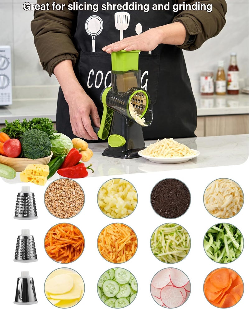 ALEXPHY Rotary Cheese Grater hand crank, 3 Blades Cheese shredder with Stronger Suction Base | Stainless Steel Blades for Fruits, Vegetables, Nuts. Easy to Clean, Transparent Black & Green - Image 3