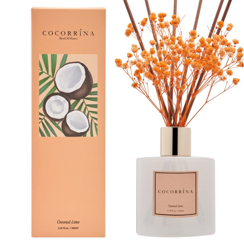 COCORRÃNA CocorrÃ­na Premium Reed Diffuser Set with Preserved Baby's Breath & Cotton Stick Coconut Lime | 6.7oz Scent Fragrance Oil Diffuser for Bedroom Bathroom Home DÃ©cor - Image 1