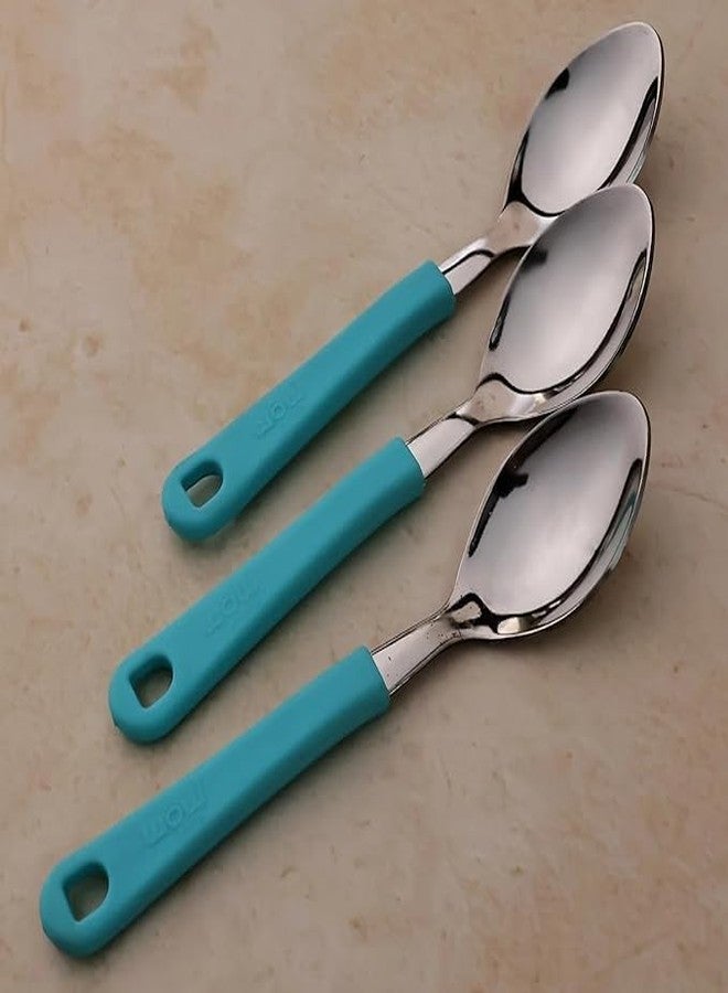 SUPERMOM Spoon Set for Kitchen - Stainless Steel Spoons with Plastic Handle - Baby Feeding and Kids Cutlery - Durable, Rust-Resistant, Dining Spoon Set for Home Kitchen, Dinning and Daily Use (Blue) - Image 2