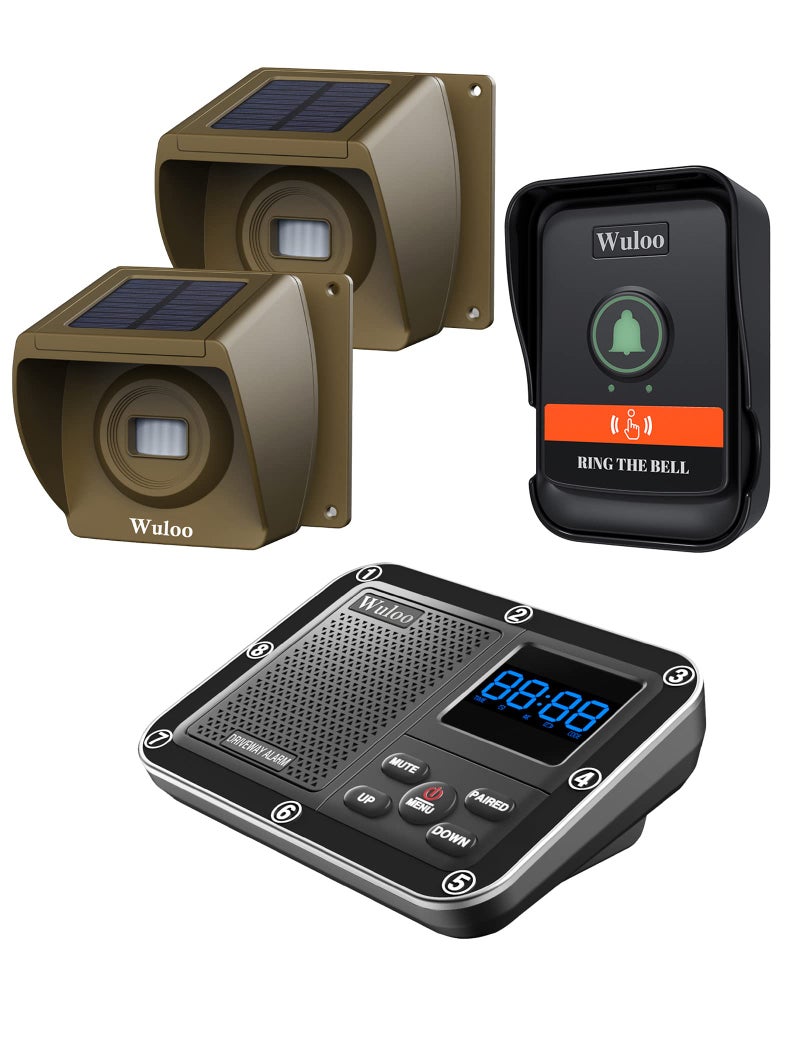 Wuloo Solar Wireless Driveway Alarm with Extra Doorbell Part Multifunctional Wireless Home Security System Rechargeable BatteryWeatherproofMute ModeClock and Alarm 1 Receiver 2 Sensors 1 Doorbell - Image 2