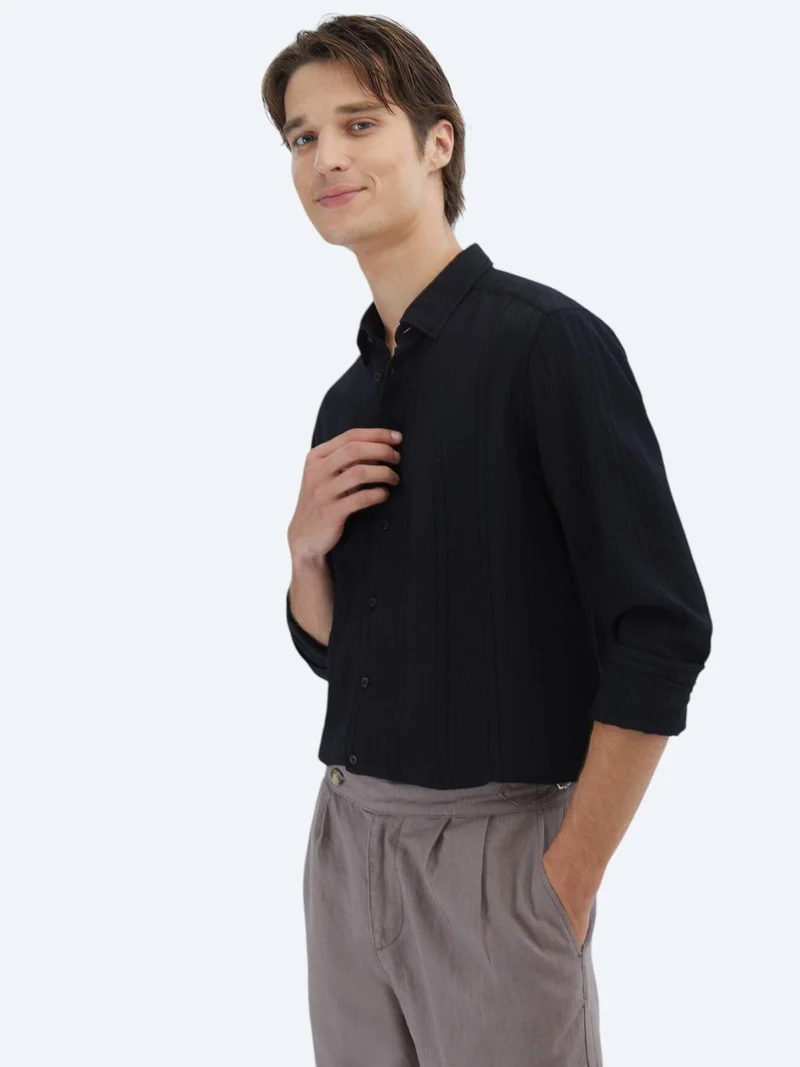 Kip Black Regular Fit Long Weaving Classical Shirt