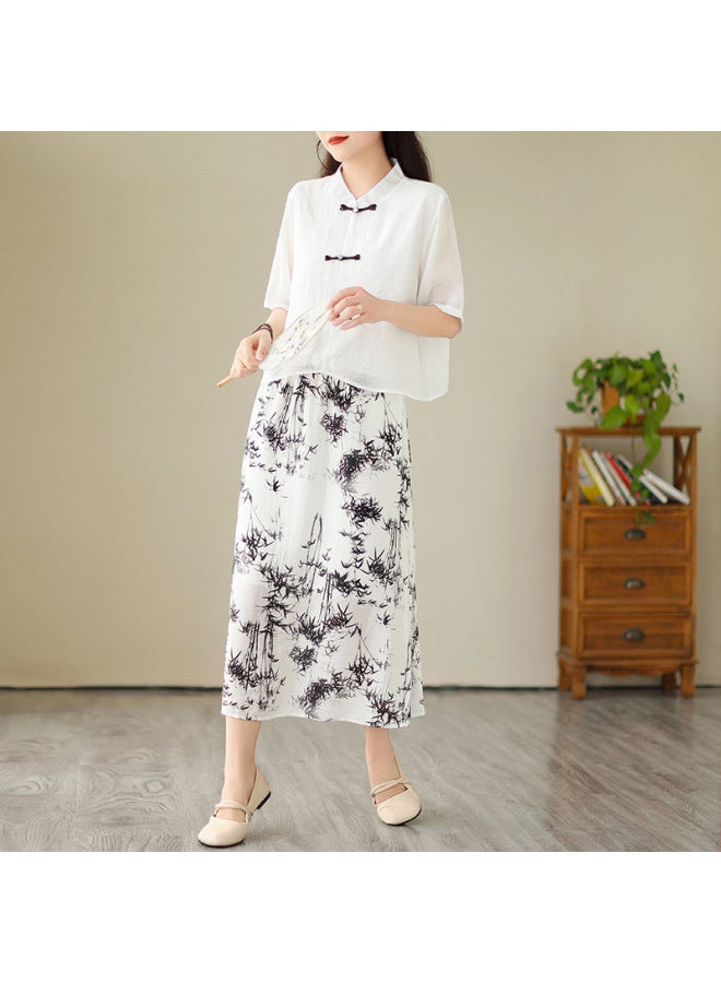 Chinese Style Top + High Waist Skirt Set Women's 2023 Summer Ink National Style Improved Skirt A- Line Skirt Two-piece Set 