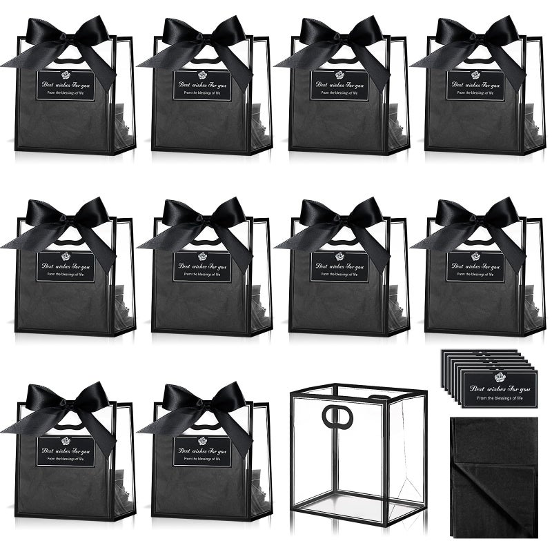 Tenare 12 Pack 4Ã—2.8Ã—4.5 Inch Mini Clear Plastic Gift Bags with Handles Valentines Extra Small Transparent Party Favor Bags Bulk with Ribbon Tissue Paper for Wedding Party Supplies(Red) - Image 1