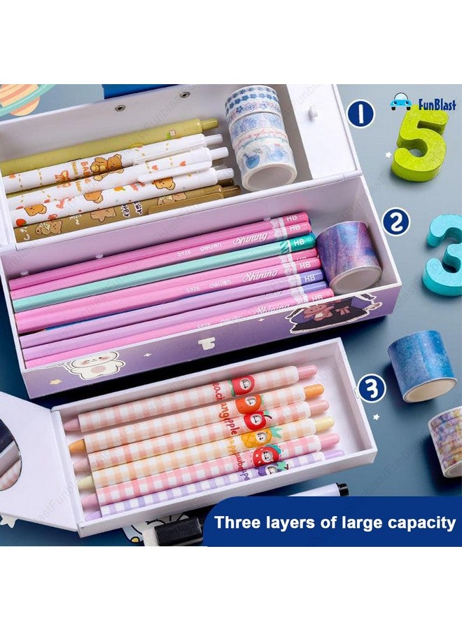 فنبلاست صندوق أقلام وأقلام رصاص للأطفال من فن بلاست - حقيبة سفر مزودة بقفل بكلمة مرور، صندوق أقلام رصاص متعدد الطبقات للأطفال، الأولاد والبنات، حقيبة منظم أدوات مكتبية للأطفال، هدية إرجاع للأطفال (هابي) - Image 5