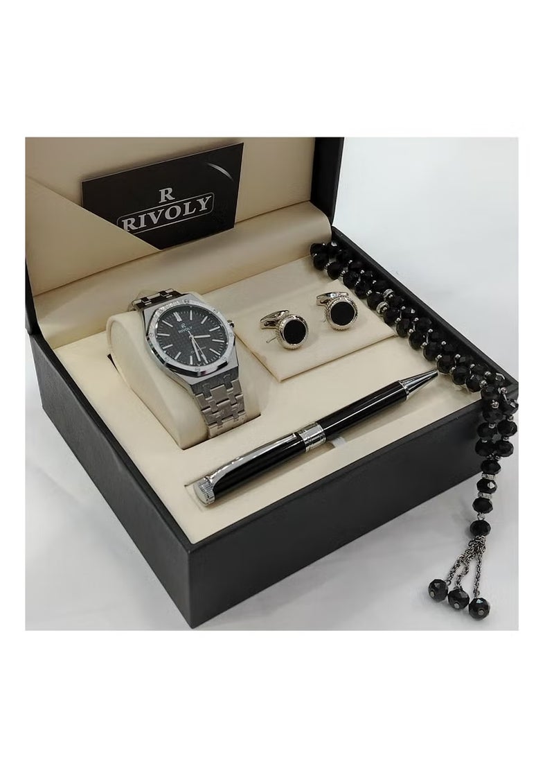 Men's stainless steel set consisting of a watch, a rosary, a pen and cufflinks