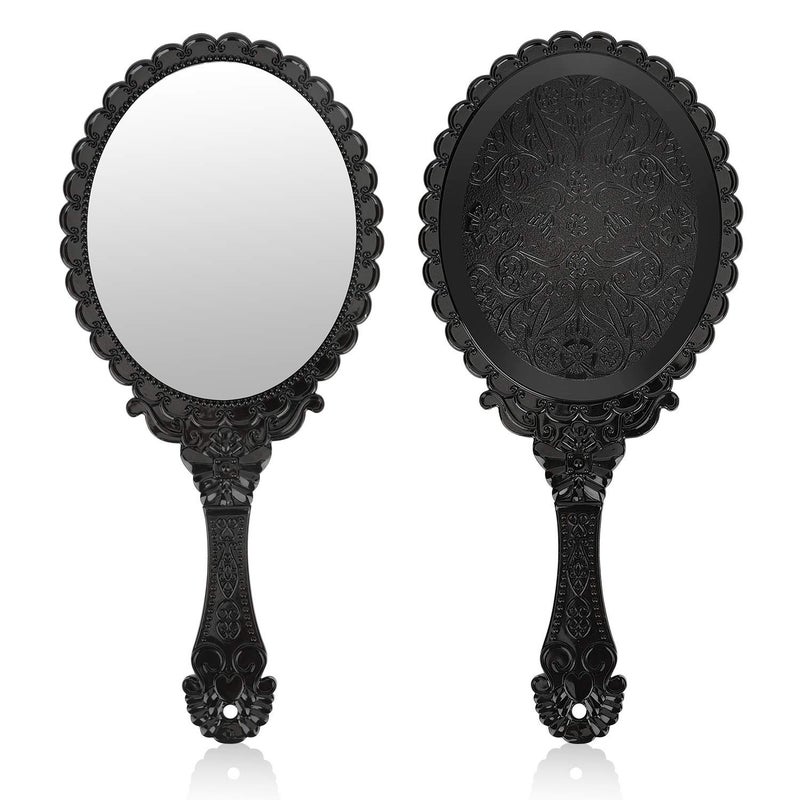 YUSONG Premium Hand Mirror with Handle Vintage Princess Mirror for Women Black Embossed Flower Small Mirrors Tabletop Party Classroom