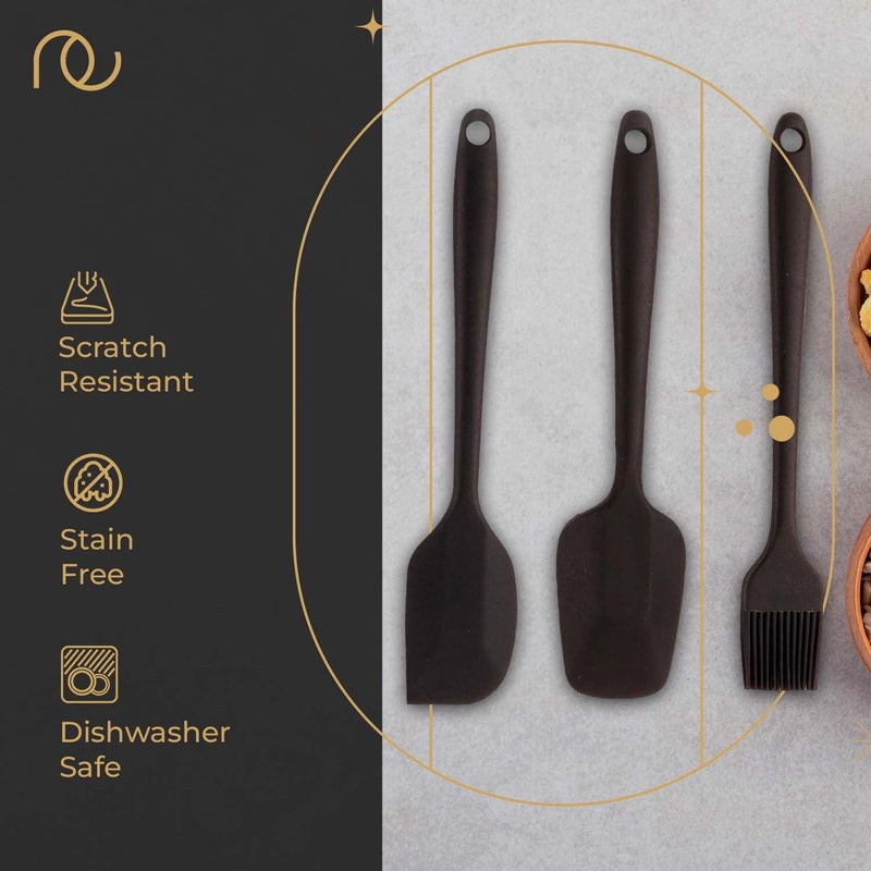 FrenchWare Silicone Spatula for Kitchen (Set of 3, Black) Non Stick Small Spatula, Spoon & Brush for Cooking & Baking,Food-Grade & BPA-Free,Stainless Steel Core Heat-Resistant-40°C to 230°C (Black) - Image 2