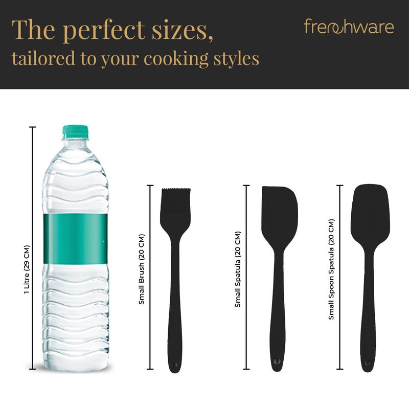 FrenchWare Silicone Spatula for Kitchen (Set of 3, Black) Non Stick Small Spatula, Spoon & Brush for Cooking & Baking,Food-Grade & BPA-Free,Stainless Steel Core Heat-Resistant-40°C to 230°C (Black) - Image 3