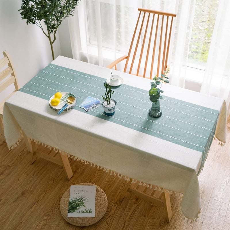 Jeloris Rustic Embroidered Tablecloth with Tassel  Cotton Linen Wrinkle Free Anti-Fading Washable Dust-Proof Table Cover for Dining  Kitchen  Party  Holiday  Christmas  Buffet (Green  55x70 inch) - Image 1