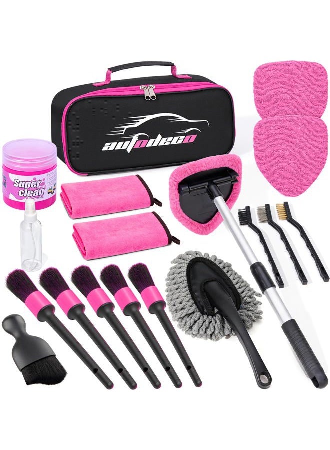 AUTODECO Windshield Cleaner Tool, 17Pcs Car Interior Detailing Kit, Detailing Brush, Towels, Duster, Car Cleaning Kit Interior for RVs, Truck, Trailer (Pink) - Image 1
