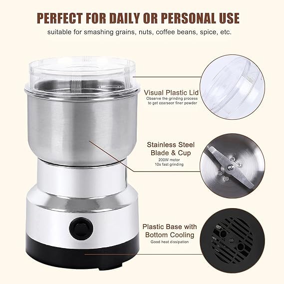 VOFFY VOFFY Home Kichen Grinder Electric Mini Spice Grinder 200W 10s Fast Multifunction Machine Portable Dry Grain Mill for Spices Seeds Rice Beans Seasonings with Replacment Stainless Steel Blade  - Image 4