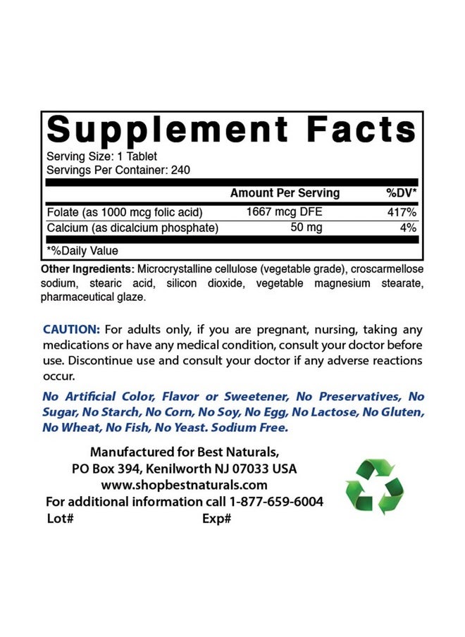 Best Naturals - Folic Acid 1000 Mcg (Vitamin B9) 240 Tablets (1000 Mcg (Pack Of 3)) - Image 1
