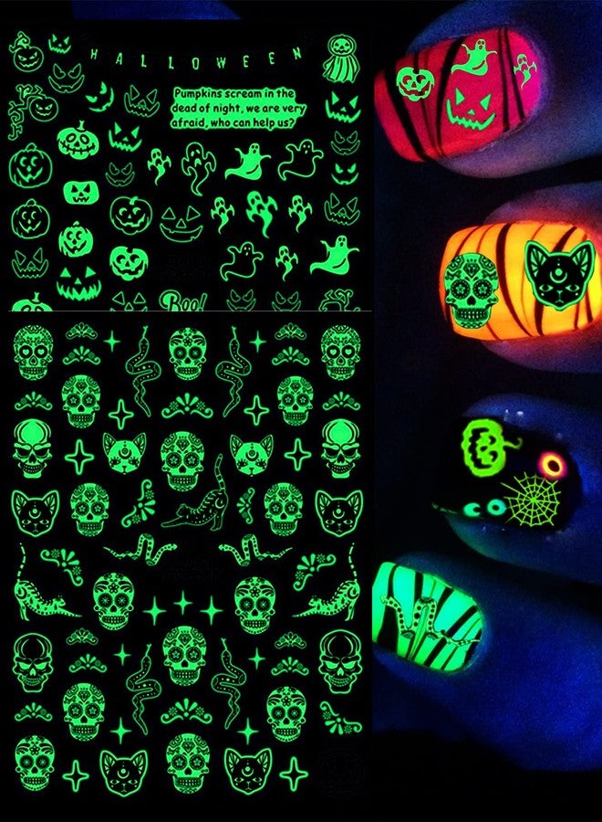Wsimily 14 Sheets Halloween Nail Art Stickers, Wsimily Luminous Halloween Self Adhesive Glow in The Dark Nail Stickers Decals Halloween Pumpkin Ghost Spider Bat Nail Design for Women Girls Nail Decoration - Image 4