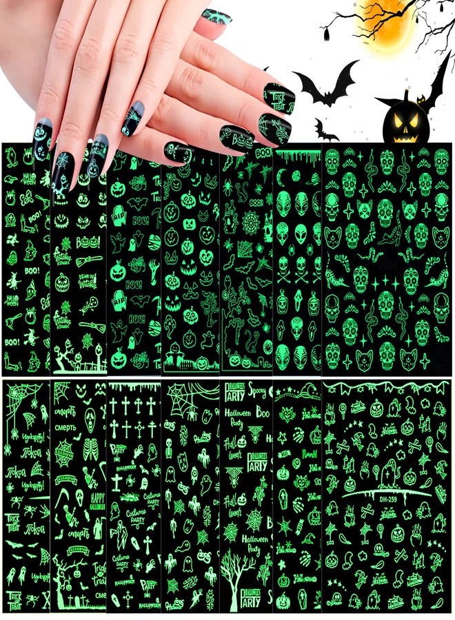 Wsimily 14 Sheets Halloween Nail Art Stickers, Wsimily Luminous Halloween Self Adhesive Glow in The Dark Nail Stickers Decals Halloween Pumpkin Ghost Spider Bat Nail Design for Women Girls Nail Decoration - Image 1