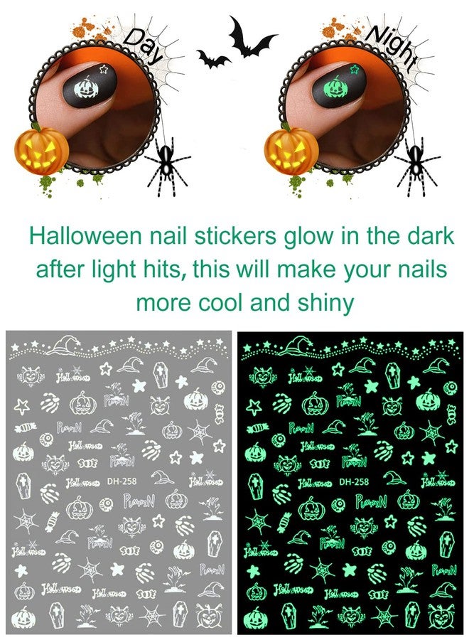 Wsimily 14 Sheets Halloween Nail Art Stickers, Wsimily Luminous Halloween Self Adhesive Glow in The Dark Nail Stickers Decals Halloween Pumpkin Ghost Spider Bat Nail Design for Women Girls Nail Decoration - Image 2
