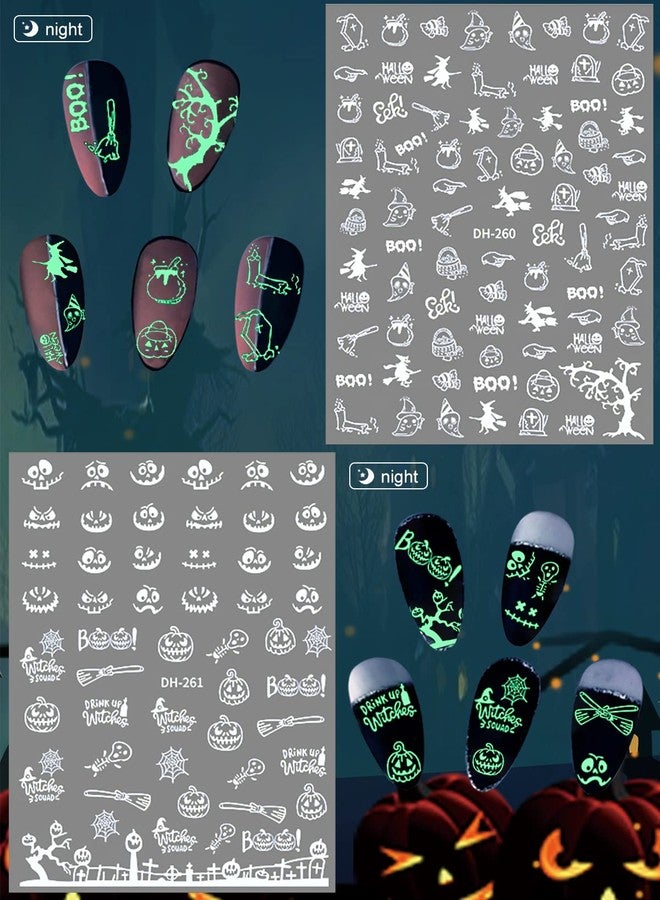 Wsimily 14 Sheets Halloween Nail Art Stickers, Wsimily Luminous Halloween Self Adhesive Glow in The Dark Nail Stickers Decals Halloween Pumpkin Ghost Spider Bat Nail Design for Women Girls Nail Decoration - Image 5