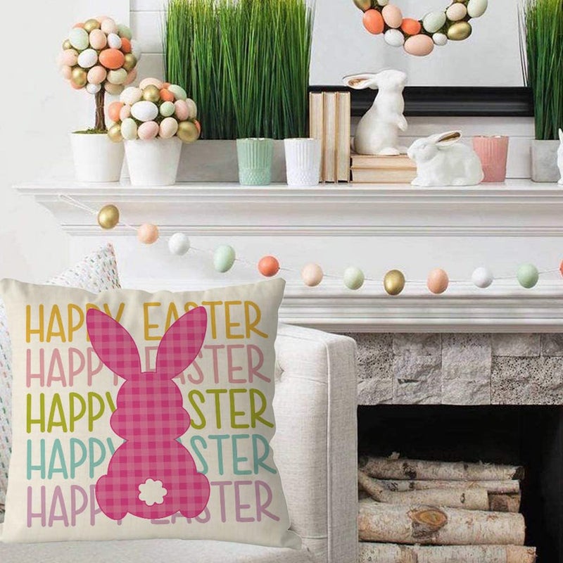 GAGEC Easter Pillow Covers 18x18 Inch Happy Easter Bunny Throw Pillowcase Pink Home Sofa Bedroom Cushion Case Seasonal Modern Decorations - Image 2