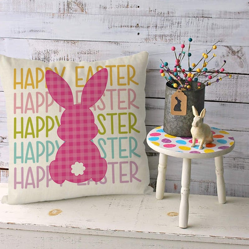 GAGEC Easter Pillow Covers 18x18 Inch Happy Easter Bunny Throw Pillowcase Pink Home Sofa Bedroom Cushion Case Seasonal Modern Decorations - Image 3