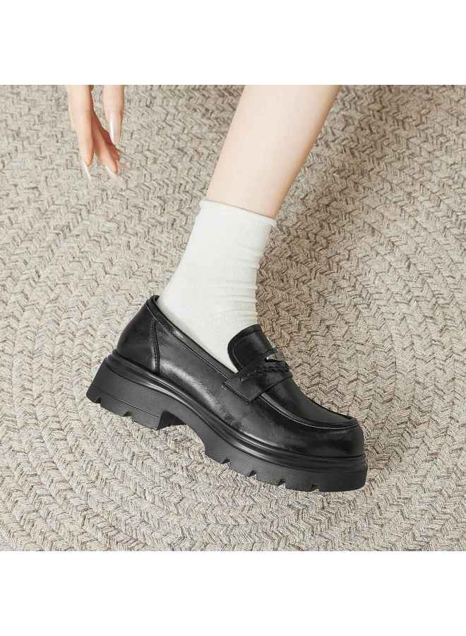 Josiny Thick-soled Loafers For Women 2026 New Retro British Style Leather Shoes Chunky Heel Petite Black Flats - Image 4