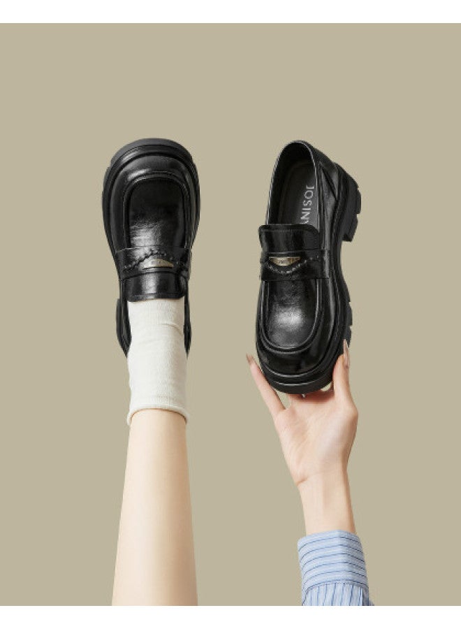 Josiny Thick-soled Loafers For Women 2026 New Retro British Style Leather Shoes Chunky Heel Petite Black Flats - Image 1