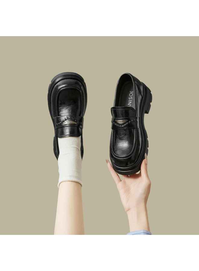 Josiny Thick-soled Loafers For Women 2026 New Retro British Style Leather Shoes Chunky Heel Petite Black Flats - Image 2
