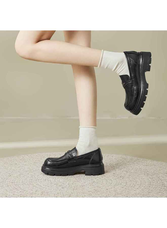 Josiny Thick-soled Loafers For Women 2026 New Retro British Style Leather Shoes Chunky Heel Petite Black Flats - Image 5