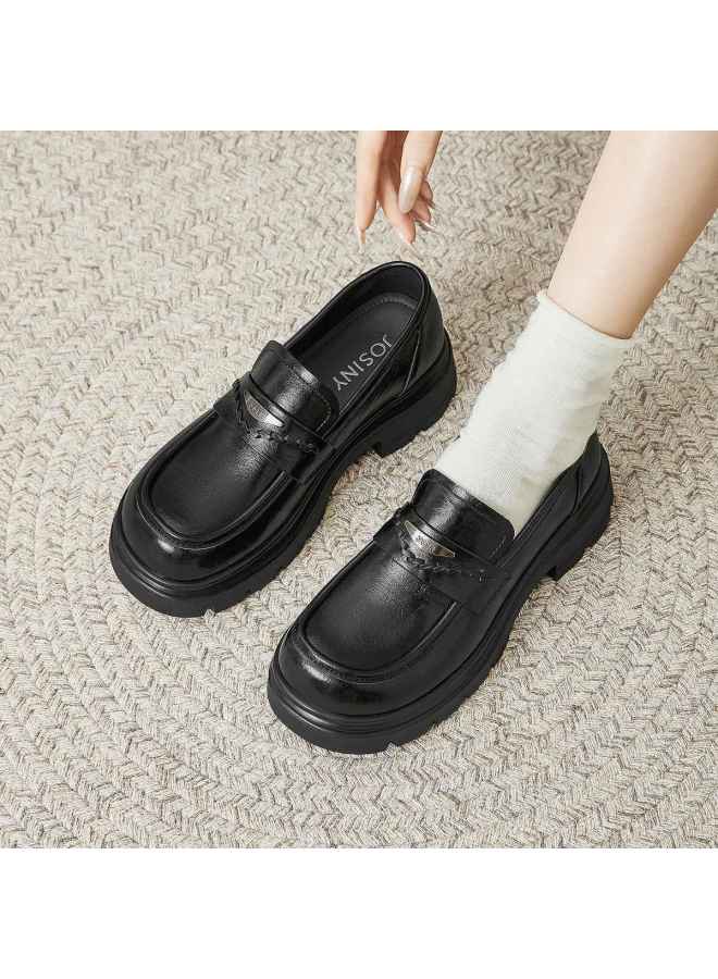 Josiny Thick-soled Loafers For Women 2026 New Retro British Style Leather Shoes Chunky Heel Petite Black Flats - Image 3