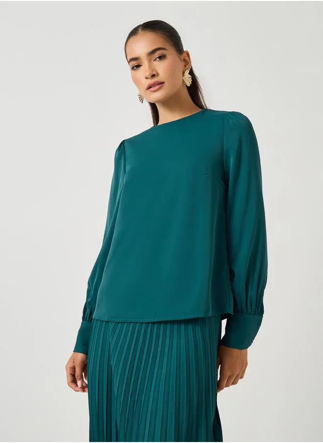 Styli Styli Plain Volume Sleeves Top and Pleated Skirt Co-Ords