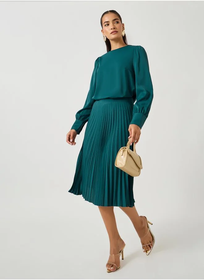 Styli Styli Plain Volume Sleeves Top and Pleated Skirt Co-Ords