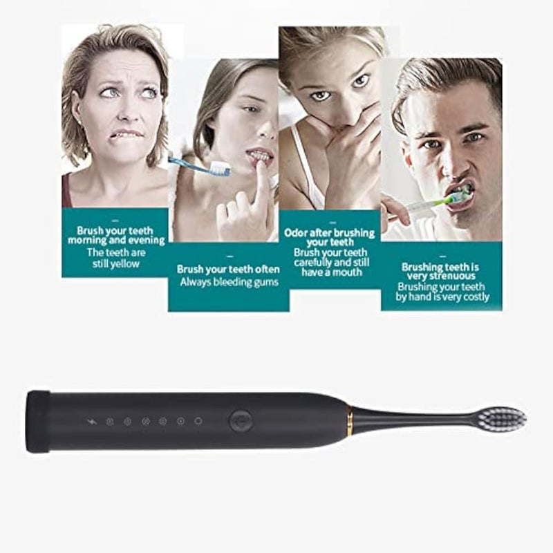 Electric Toothbrush Waterproof 6 Modes Rechargeable with 4 Heads Toothbrush Replacement for Deep Cleaning (Black) - Image 2