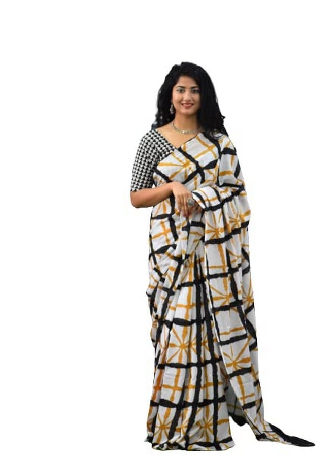 Kiaaron Women's Ikat Hand Block Print Jaipuri Cotton Mulmul Saree with Blouse Piece - Multicolor_1_SH92 - Image 1