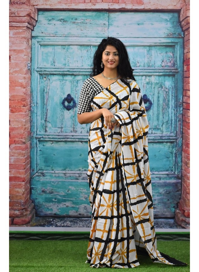 Kiaaron Women's Ikat Hand Block Print Jaipuri Cotton Mulmul Saree with Blouse Piece - Multicolor_1_SH92 - Image 2