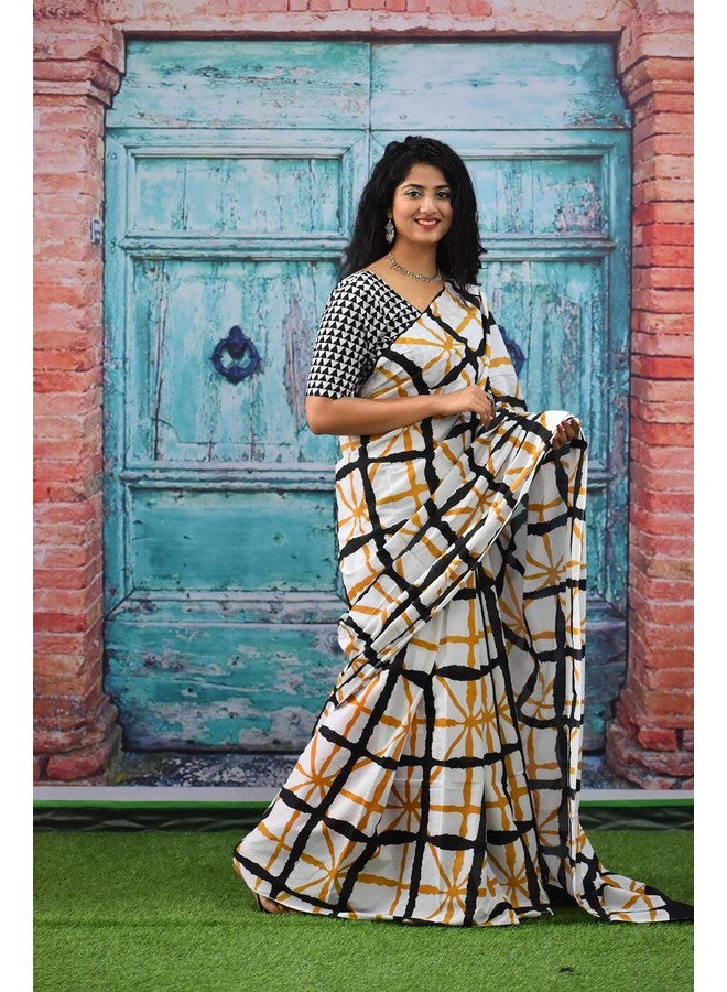 Kiaaron Women's Ikat Hand Block Print Jaipuri Cotton Mulmul Saree with Blouse Piece - Multicolor_1_SH92 - Image 4