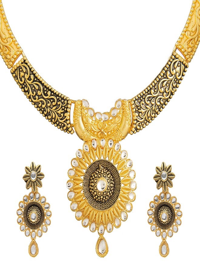 bodha Traditional Indian Flower DesignTraditional Gold Dual tone Kundan Polki Jewelry Necklace Set with earrings for Women (SJN_48) - Image 1
