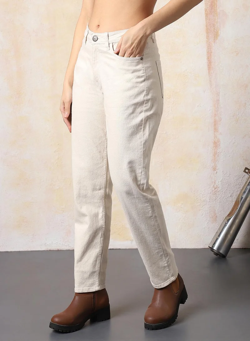HIGH STAR Women's Beige Cotton Blend Washed Regular Length Slim Fit Jeans