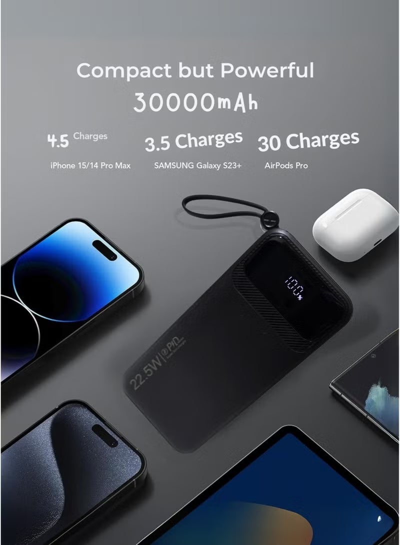LEVINO 30000mAh Power Bank 22.5W Fast Charging with 4 USB & 2 Type-C Ports, Digital Display, Overvoltage & Temperature Protection, Built-In Type-C, Lightning & USB Cables – Black - Image 3