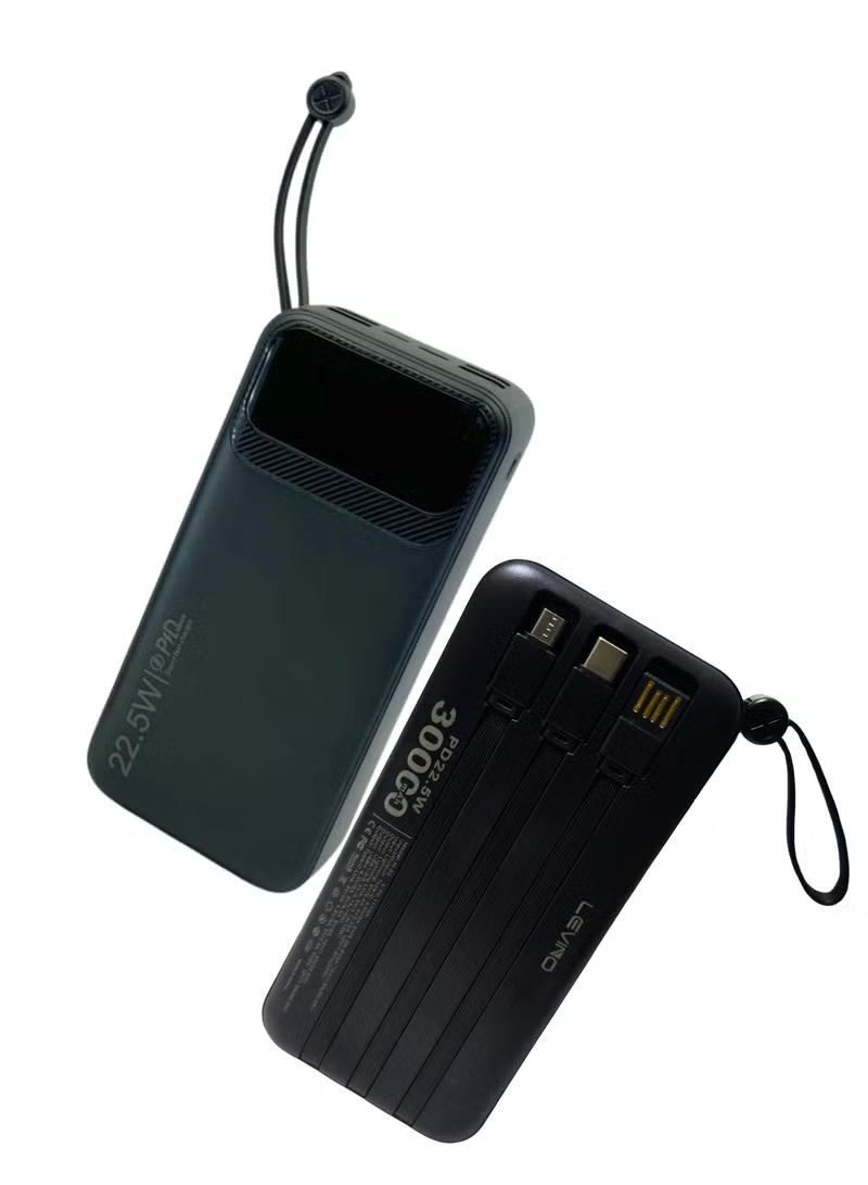 LEVINO 30000mAh Power Bank 22.5W Fast Charging with 4 USB & 2 Type-C Ports, Digital Display, Overvoltage & Temperature Protection, Built-In Type-C, Lightning & USB Cables – Black - Image 1