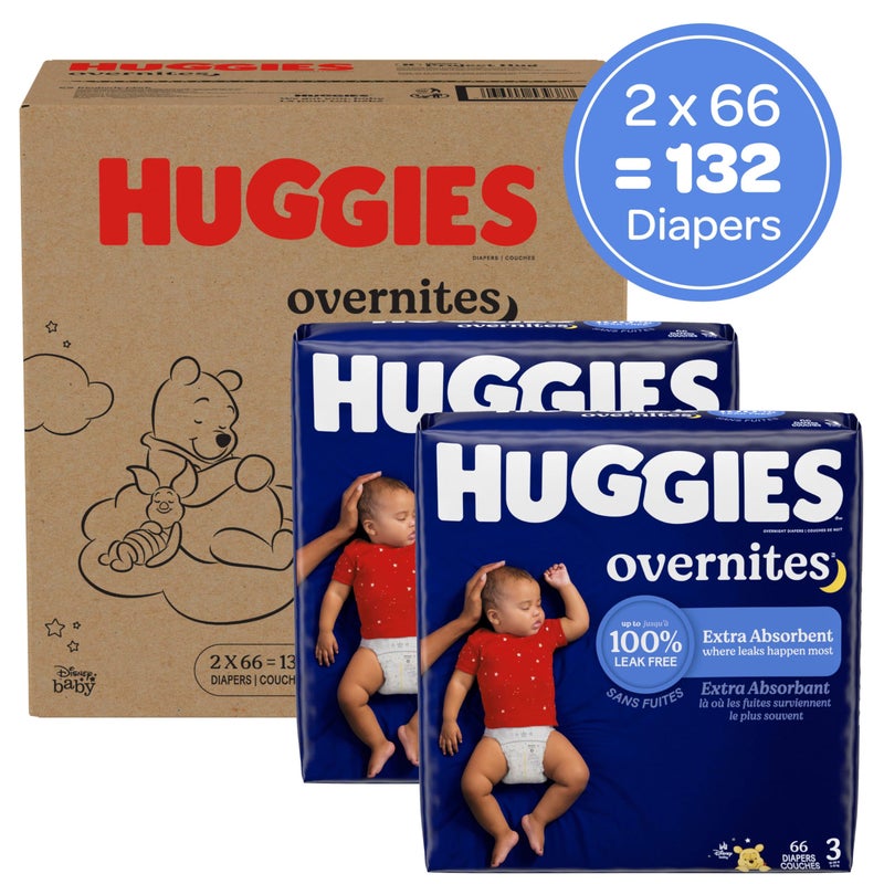 Huggies Size 3 Overnites Baby Diapers: Overnight Diapers, Size 3 (16-28 lbs), 132 Ct (2 Packs of 66), Packaging May Vary - Image 2