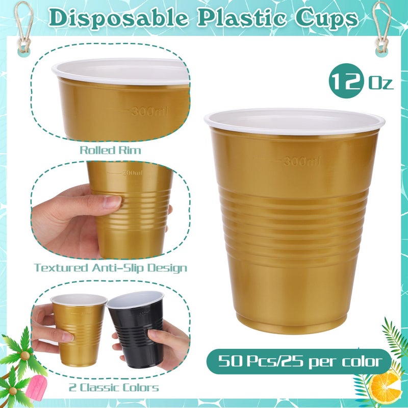 Kochorie 50 Pack Black Gold Disposable Plastic Cups 12 Ounce Drinking Party Cups Bulk Party for Wedding Birthday Graduation  Picnics Events - Image 2