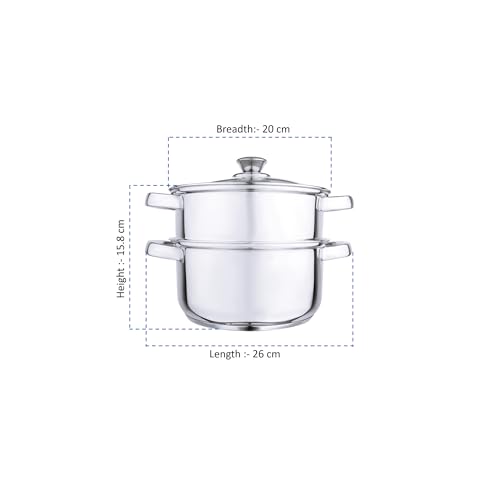 Anjali FS2T Fiesta 2-Tier Stainless Steel Food Steamer with Glass Lid, 20 cm - Perfect for Steaming Vegetables, Idlis, Momos, and More - Durable Design with Side Handles for Effortless Cooking - Image 2