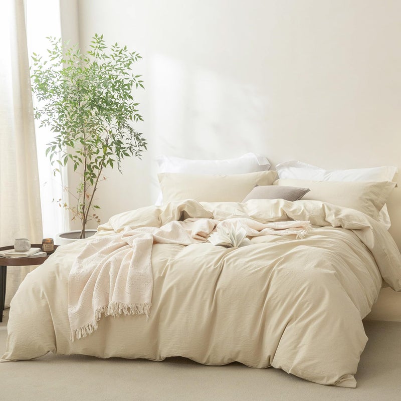 BDEAR Linen Feel Almond Milk Grey Duvet Cover Queen Size 90 L x 90 W 100 Washed Cotton Duvet Cover with Zipper Closure Plus 2 Pillowcases Oeko TEX Standard Certificated