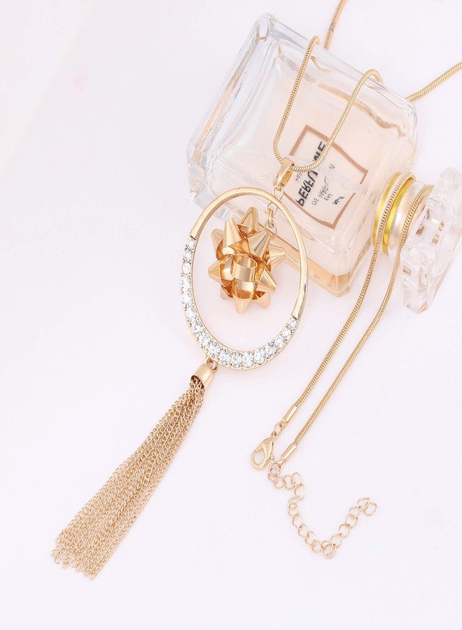 مولوك قلادة مولوخ لعيد الميلاد للنساء، هدية عيد الميلاد، قلادة دائرية مزينة بفيونكة، قلادة طويلة مزينة بشرابة، هدية احتفالية (ذهبي) - Image 2