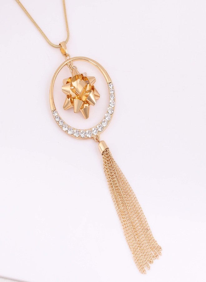 مولوك قلادة مولوخ لعيد الميلاد للنساء، هدية عيد الميلاد، قلادة دائرية مزينة بفيونكة، قلادة طويلة مزينة بشرابة، هدية احتفالية (ذهبي) - Image 4