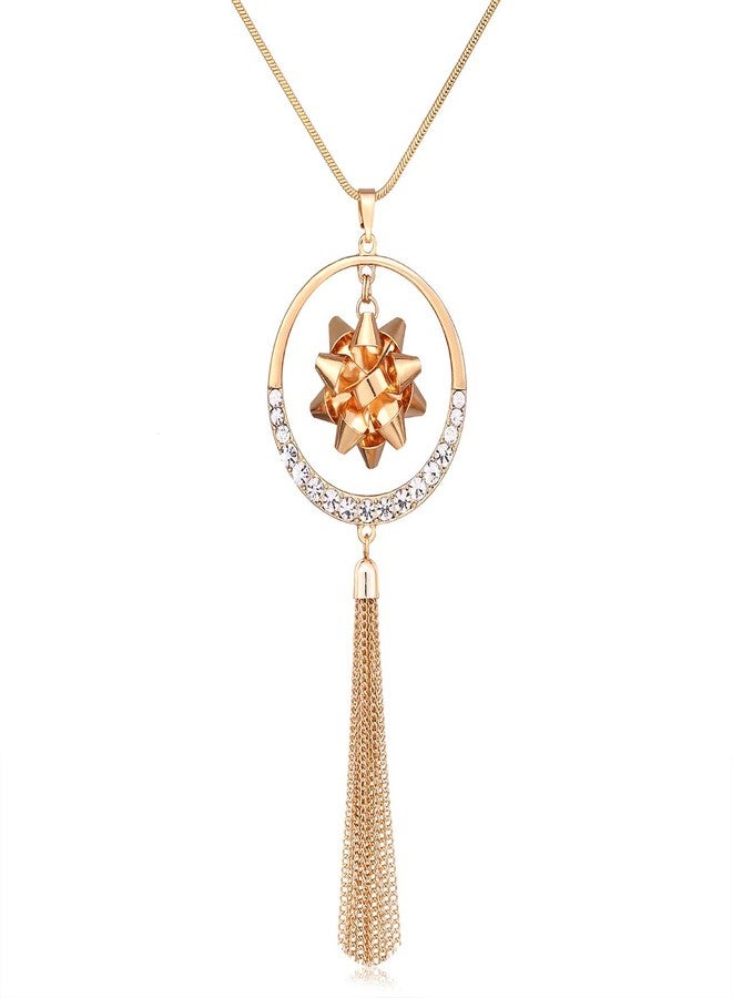 مولوك قلادة مولوخ لعيد الميلاد للنساء، هدية عيد الميلاد، قلادة دائرية مزينة بفيونكة، قلادة طويلة مزينة بشرابة، هدية احتفالية (ذهبي) - Image 1