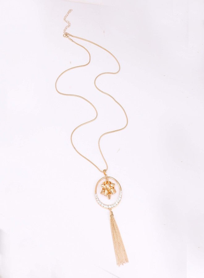 مولوك قلادة مولوخ لعيد الميلاد للنساء، هدية عيد الميلاد، قلادة دائرية مزينة بفيونكة، قلادة طويلة مزينة بشرابة، هدية احتفالية (ذهبي) - Image 5