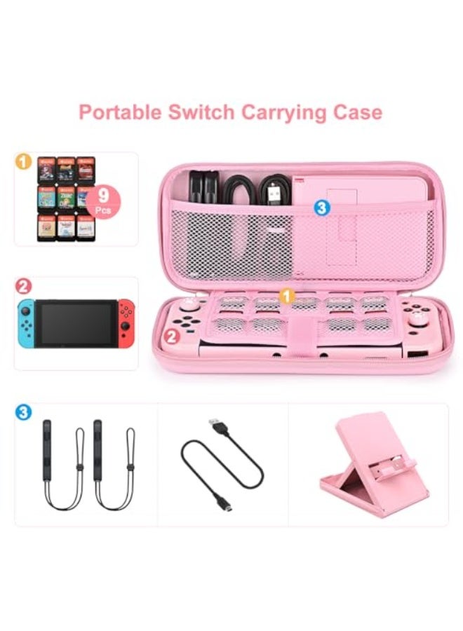 مجموعة ملحقات يونيك سويتش، مجموعة ملحقات 17 في 1 للبنات تتضمن حقيبة حمل سويتش مع 9 فتحات لبطاقات الألعاب، وقاعدة قابلة للتعديل، وحافظة واقية لجهاز سويتش وجهاز التحكم (وردي) - Image 2