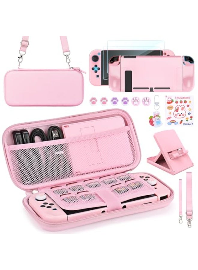 مجموعة ملحقات يونيك سويتش، مجموعة ملحقات 17 في 1 للبنات تتضمن حقيبة حمل سويتش مع 9 فتحات لبطاقات الألعاب، وقاعدة قابلة للتعديل، وحافظة واقية لجهاز سويتش وجهاز التحكم (وردي) - Image 1