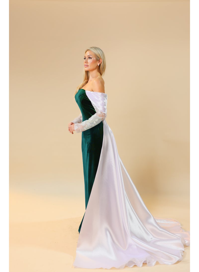 Off-Shoulder Evening Gown with Embroidered Sleeves and Draped Train – Elegant Formal Dress  - Image 3