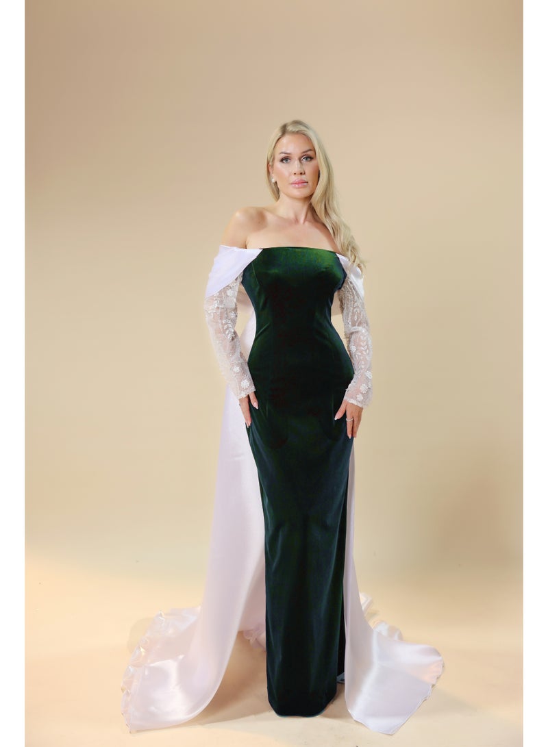 Off-Shoulder Evening Gown with Embroidered Sleeves and Draped Train – Elegant Formal Dress  - Image 4